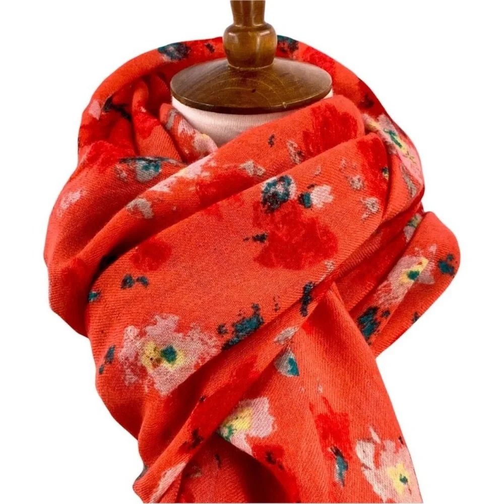 J.Crew Women’s Floral Pashmina Wool Laine Floral Scarf Wrap Shawl Red Orange